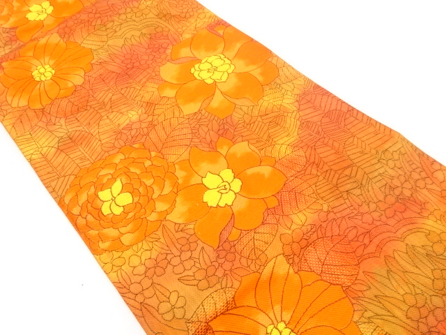 JAPANESE NAGOYA OBI / UNUSED / CHIKUZEN HAKATA / WOVEN FLORAL PLANTS